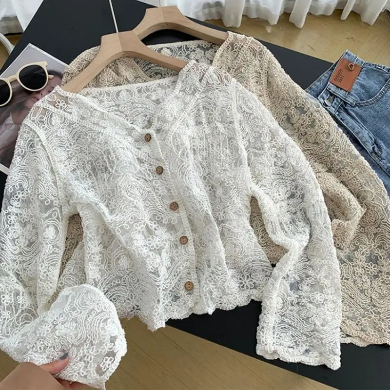 Women Korean Lace Flare Long Sleeve Blouse V-Neck Button Down Cropped Cardigan Hollow Crochet Floral See Through Thin Shirts