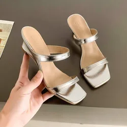 Elegant Gold Silver Mule Slippers Woman Luxury Square Toe wedges Heel Sandals slides Ladies Summer Slip-on Buckle Dress Shoes