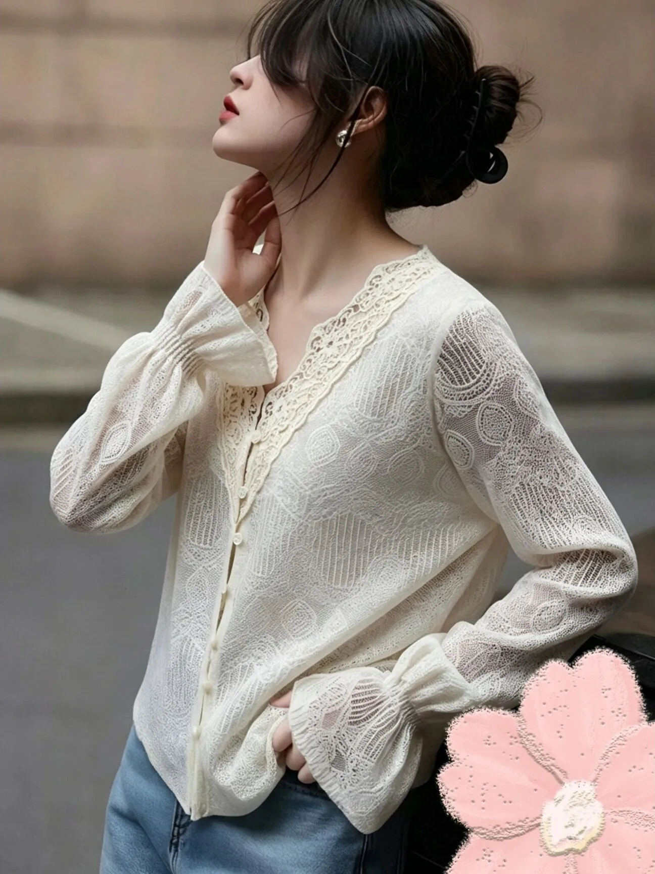 Korean Style Beaded Lace Knitted Top Gentle Maturity Base Shirt Women's Polyester Fiber 2026 Autumn New Arrival
