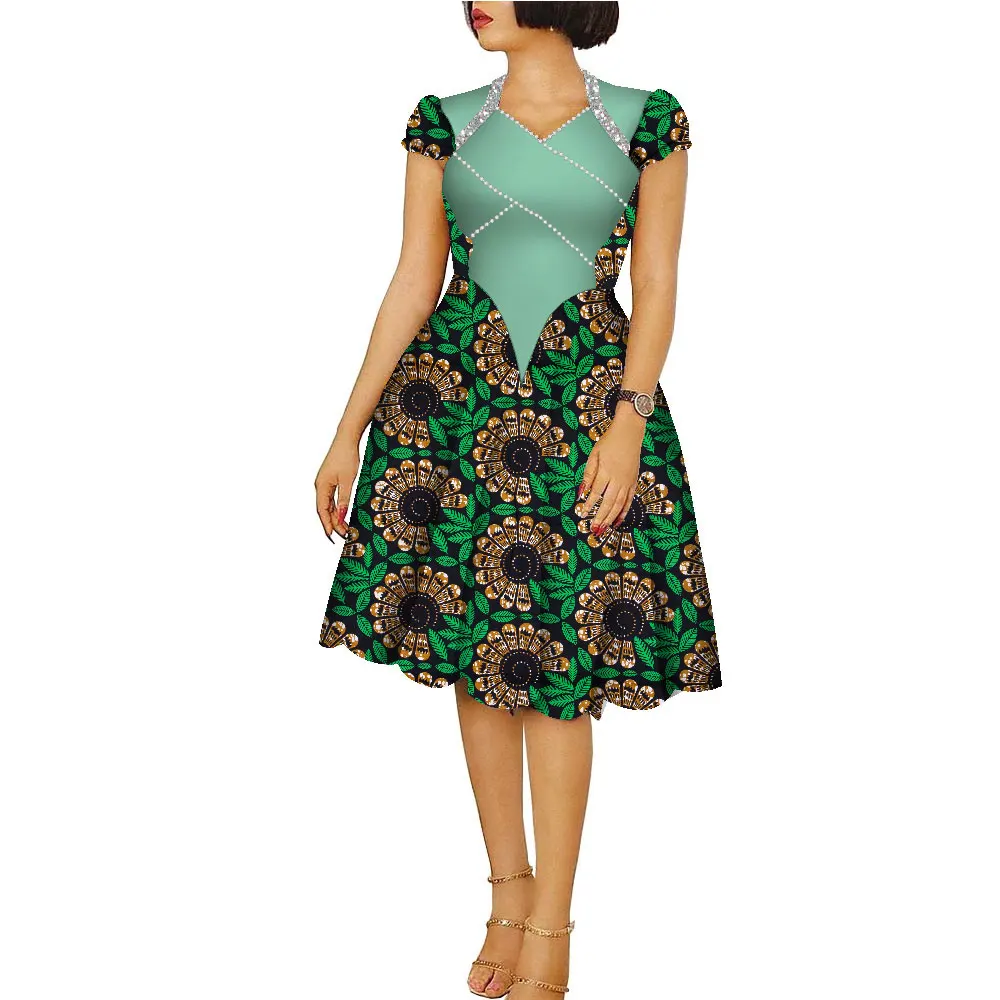 African Dresses for Women Ankara Fashion Patchwork Knee Length Pleated Lady  Dresses Vintage Maxi Women V-neck Dress WY9273 - AliExpress 200000532