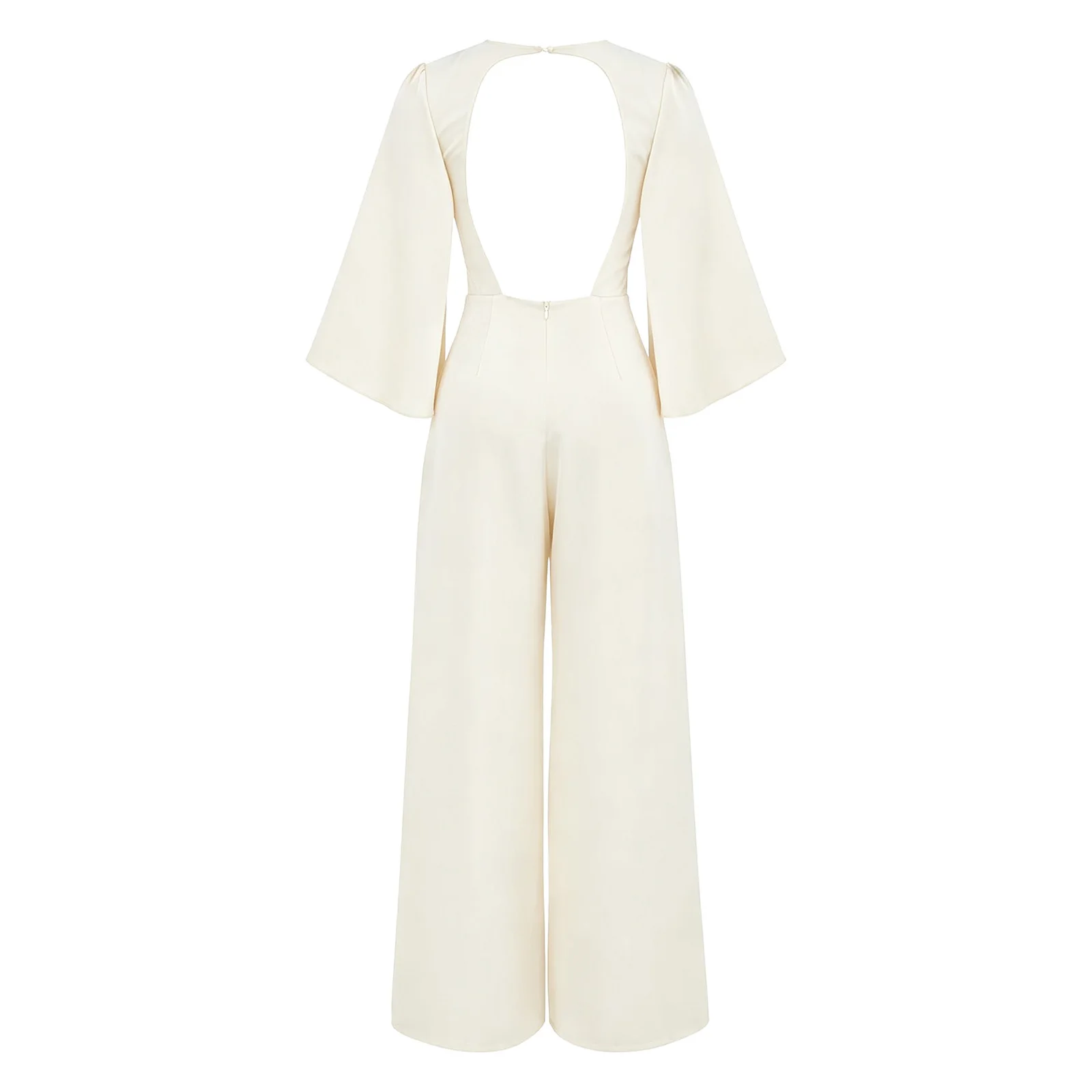 Satin Jumpsuit for Women V Neck Flared Sleeves Backless Hollow Waist Back Invisible Zipper Wide Leg Rompers Wedding Cocktail