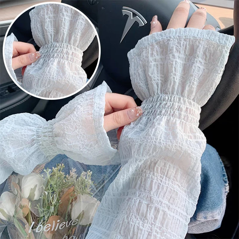 Summer Ice Silk Long Sleeves Women Thin Chiffon Pleated Puff Sun Protection Sleeves Outdoor Anti-UV Sunshade Driving Arm Sleeves