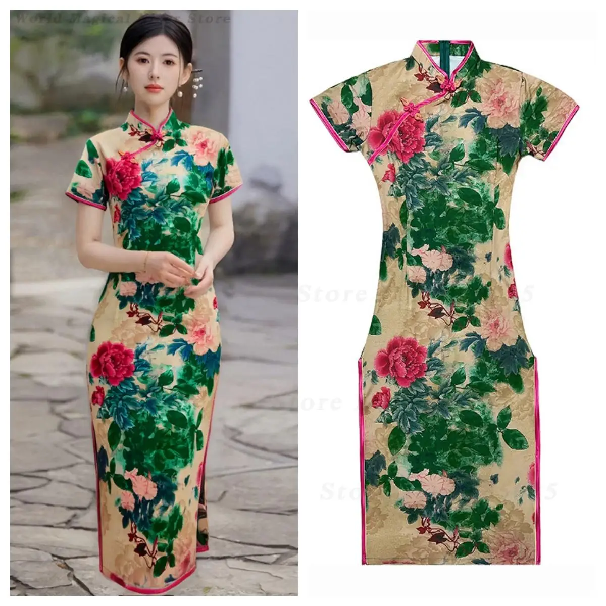 New Summer Short Sleeve Yellow Modified Chinese Qipao Elegant Daily Figure-Flattering Cheongsam Dress for Young Women