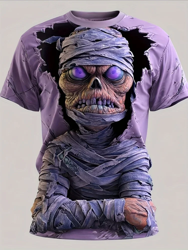 Stylisches Herren 3D-Effekt Mumien-Grafik T-Shirt Gruseliges Halloween Streetwear Oberteil Sommer Lässiges Kurzarm-T-Shirt