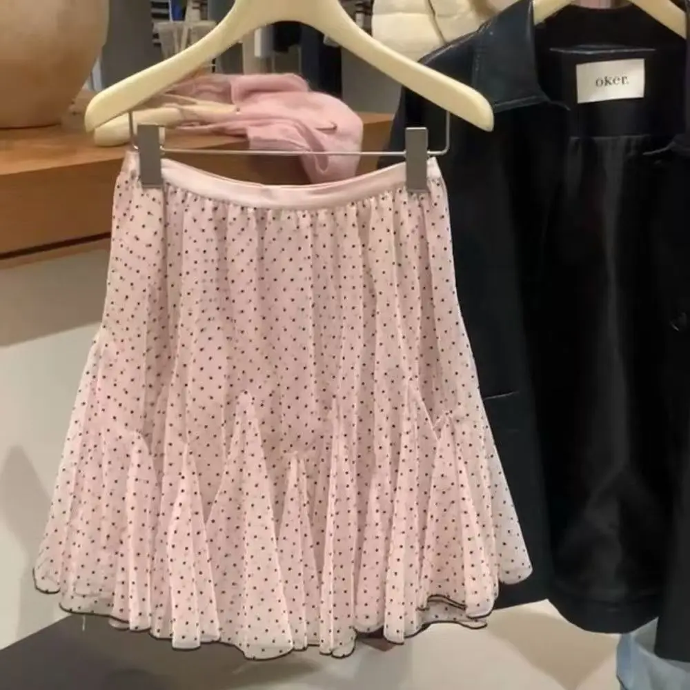 Fashionable Polka Dot Flocking Mesh Half Skirt A-Line Cute Versatile Spring Summer New Arrival Korean Style High Waist Cake S...