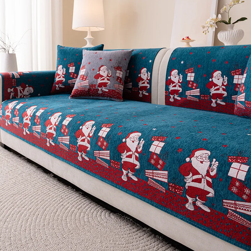 Holiday Santa Claus Printed Sofa Cushion Soft Chenier Couch Slipcover for Living Room Four Season Universal Corner Sofa Covers