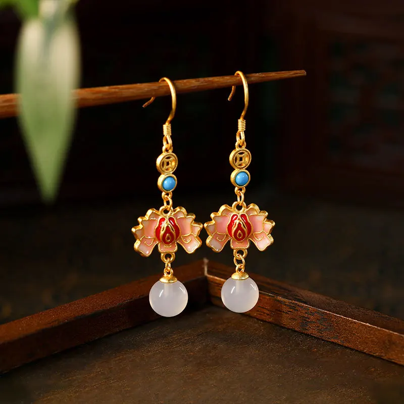 

Chinese Classical Style Enamel Painted Good Luck Continuous Natural White Jade Marrow Women's Earrings Retro Accessories