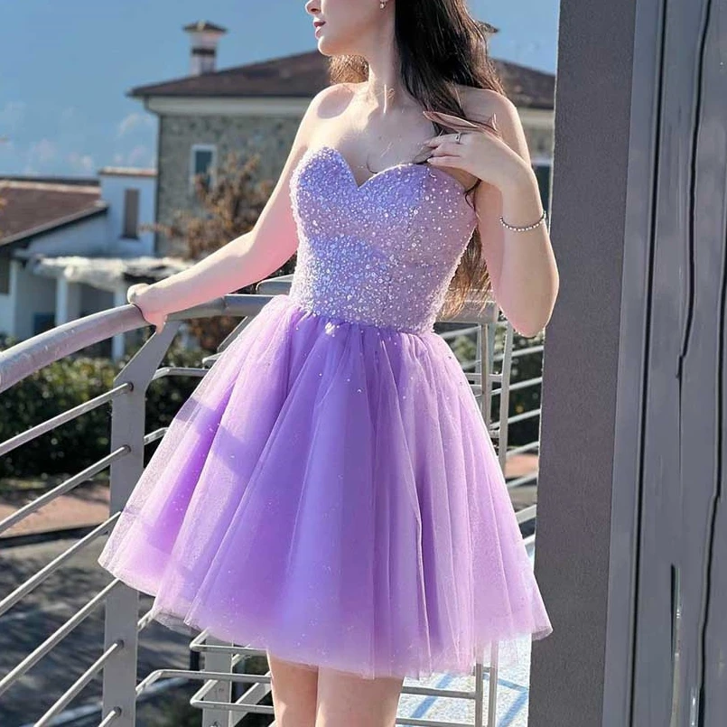 Customized Mini Sexy Sparkly Lavender Short Banquet Wedding Party Prom Dresses Sweetheart Event Dresses Formal Night Club Gowns