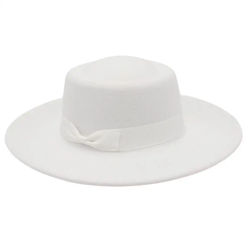 New British-style circular concave - with brim bow tie, fashionable flat-top woolen hat for men and w