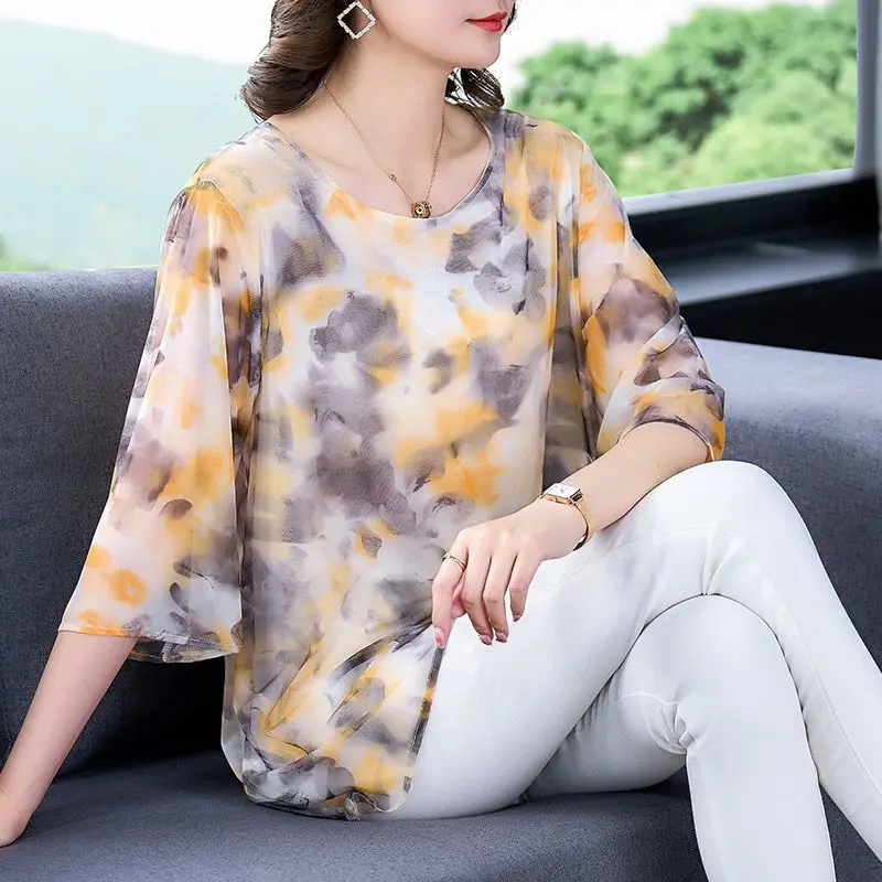 Commute Fashion Gauze Spliced T-shirt Women\'s Clothing Korean Loose Printed Casual Half Sleeve Summer Round Neck Midi Pullovers