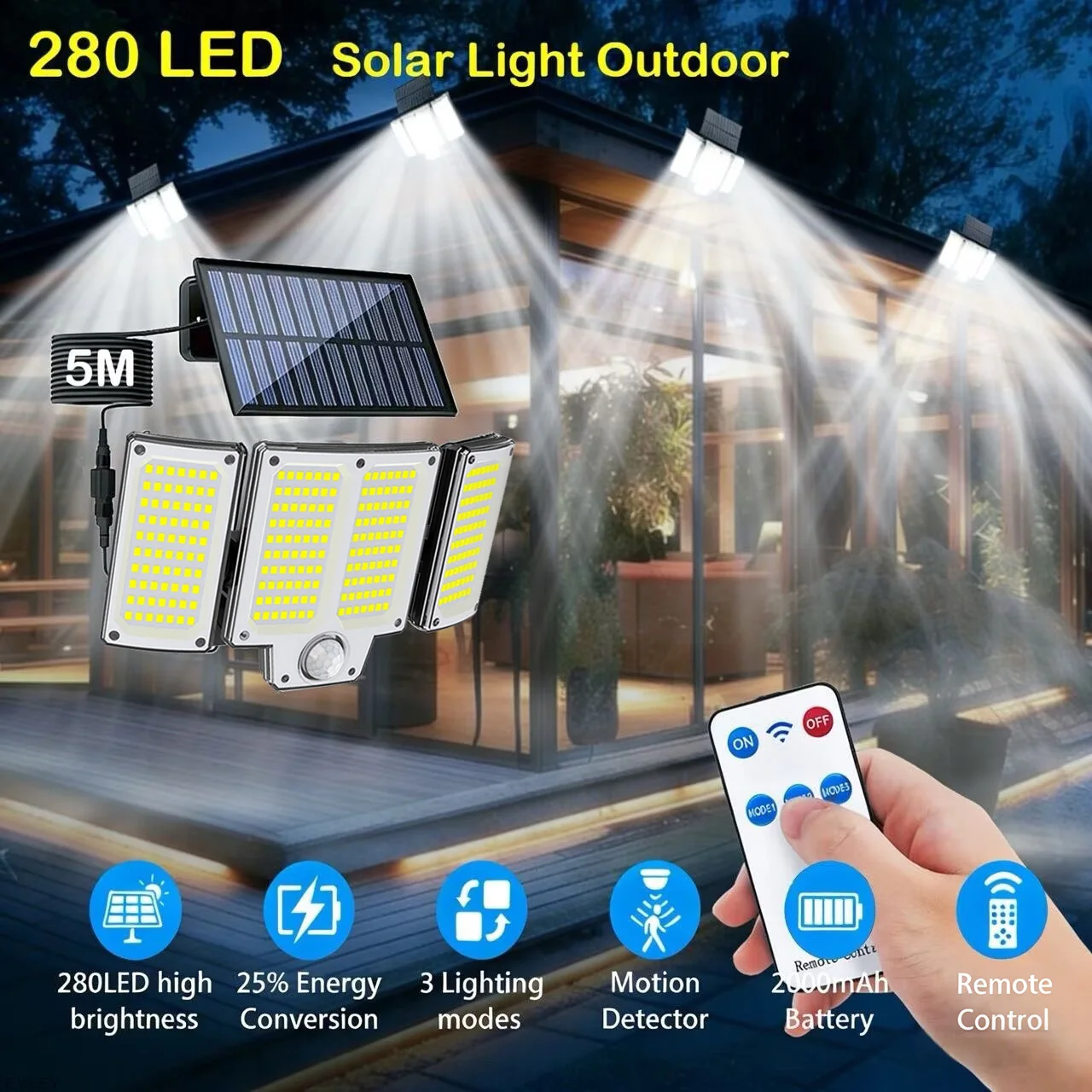 

280 LED Solar Wall Lights Outdoor Wall Lamp Motion Sensor Flood Light 3 Modes Lighting Remote Control for Garden Garage Backyard