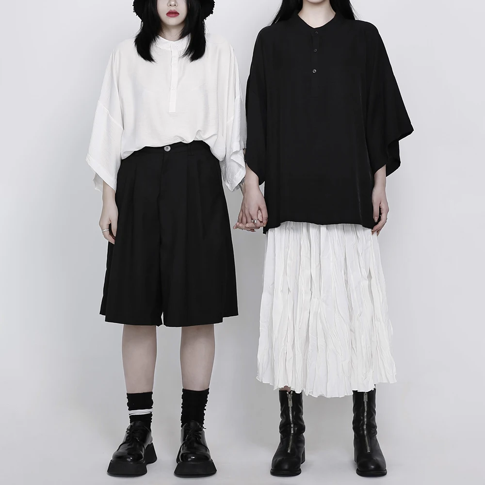 Y2k Japanese Dark Couple Oversized Cuff Shirt Genderless Streetwear Fashion Nightclub Stage Trendy Short Sleeve Top Unisex 2026