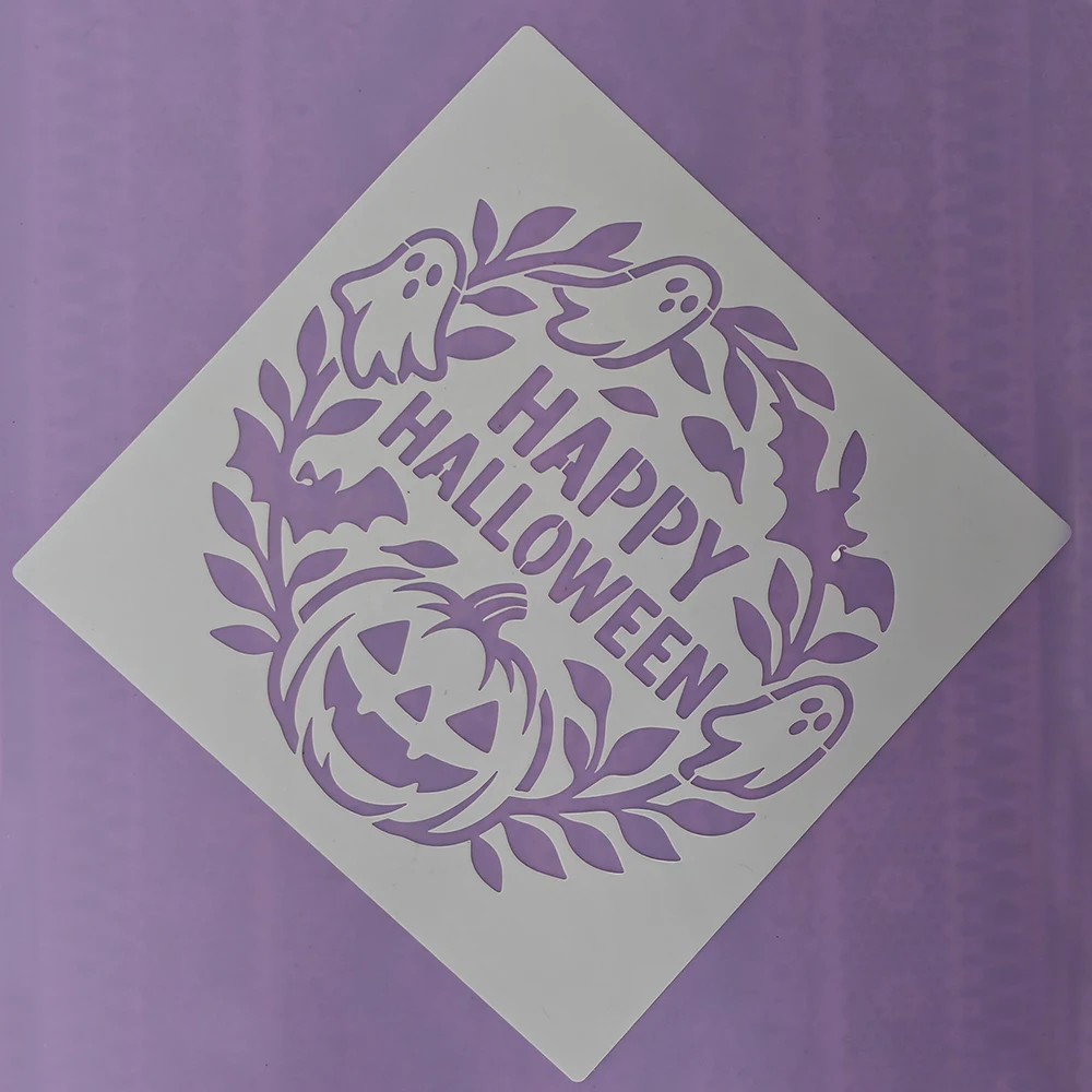 Happy Halloween Wreath Stencil, PET Hollow Template With Ghost Bat Pumpkin for Cake, Cookie, Fondant Decor