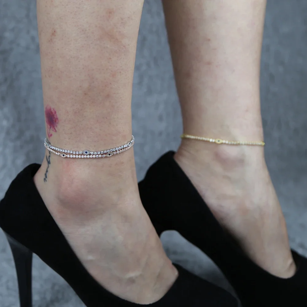 2MM Tennis Chain Anklet White Blue CZ Evil Eye Charm Boho Barefoot on The Leg 2025 Summer Beach Jewelry