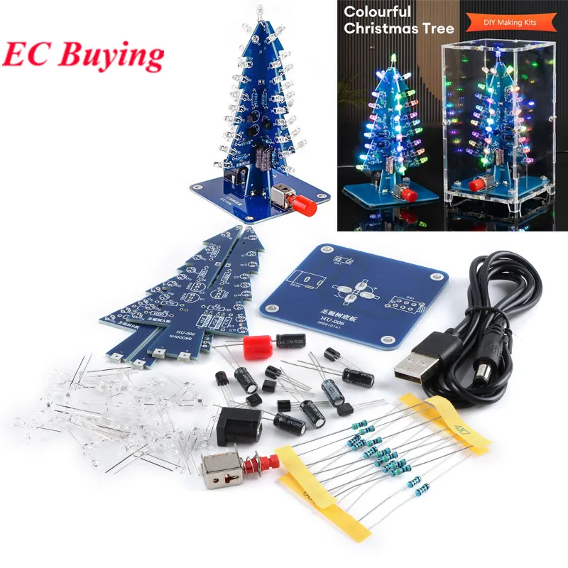 DIY 3D Christmas Tree Soldering Practice Colorful LED Flashing LED RGB Electronic Science Assemble Kit DIY Christmas Trees