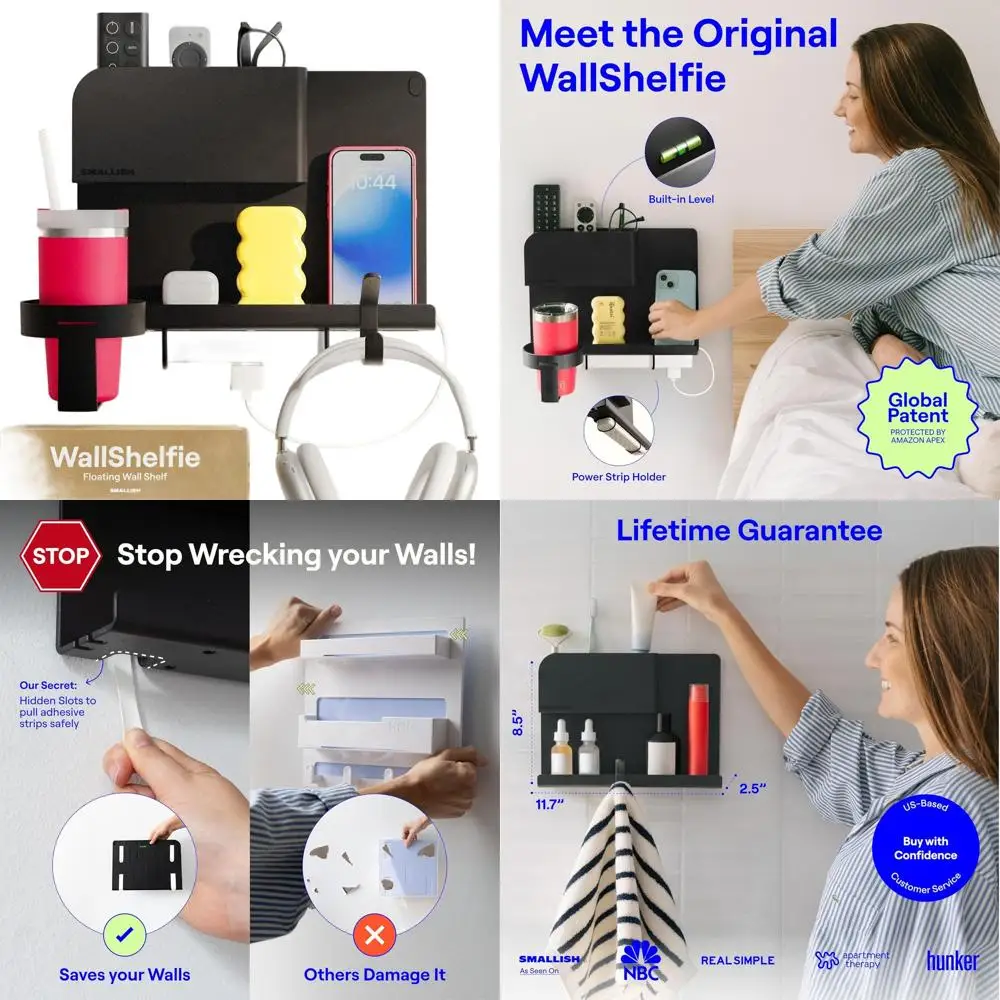 Black Floating Wall Shelf Organizer - Bedside Storage, Dorm Essentials, Remote Holder, RV Accessory