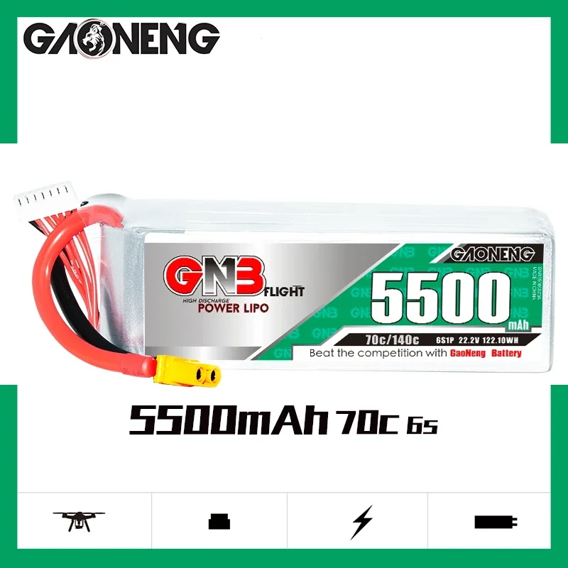 

GAONENG GNB 5500mAh 6S 70C 140C 22.2V XT60 LiPo Battery 7 to 8inch 400mm-450mm X8 FPV 10inch Xclass FPV 1/7 1/8 scale vehicles