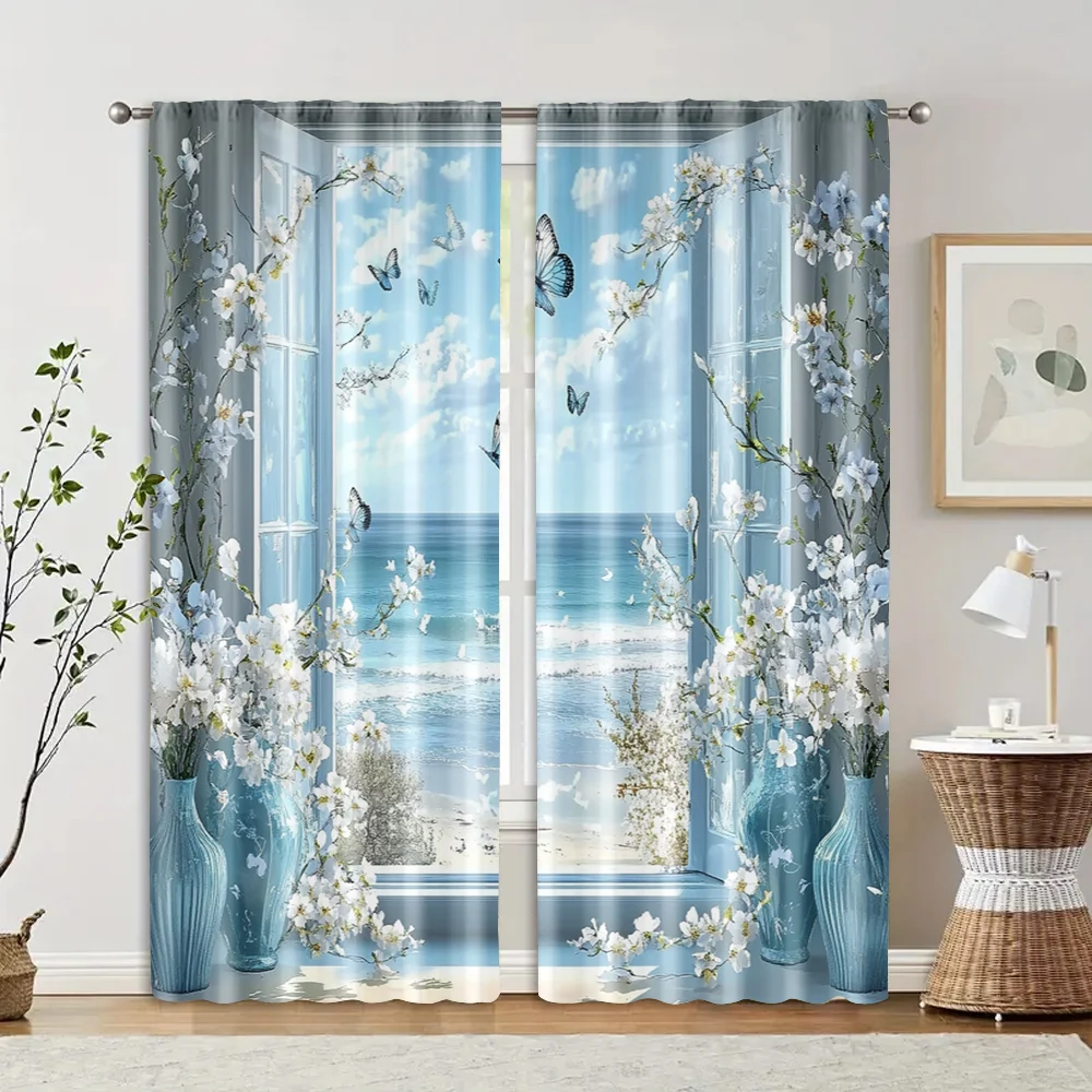2 pcs, filtering curtains (excluding rods, non-movable, without batteries) A seaside landscape with white flowers and
