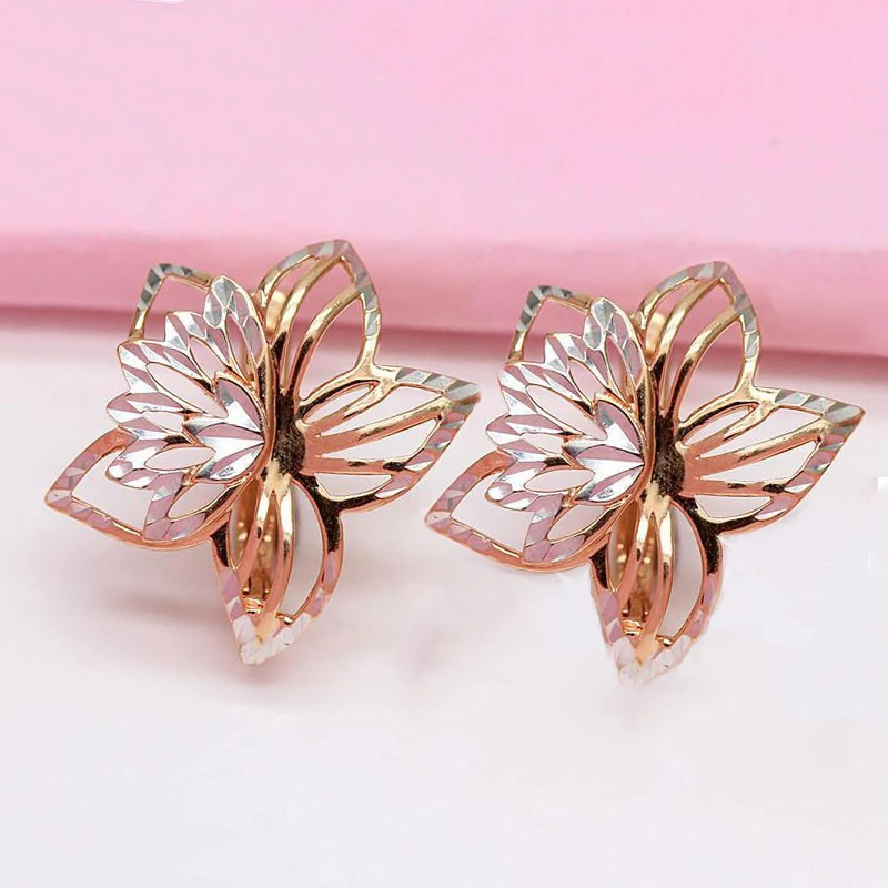 585 purple gold 14K rose gold hollow out exquisite two-color flower earrings for women romantic light luxury engagement jewelry