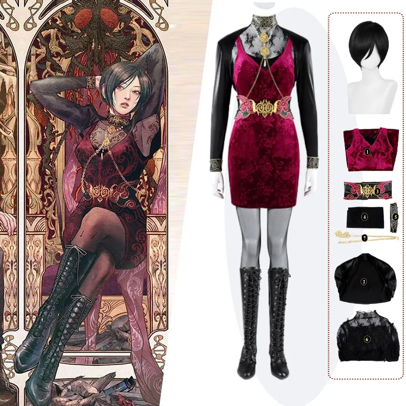 

Female Resident 4 Ada Wong 30th Cosplay Costume Red Velvet Dress Set with Necklace Wig Accessories Video Game Anime Role Play