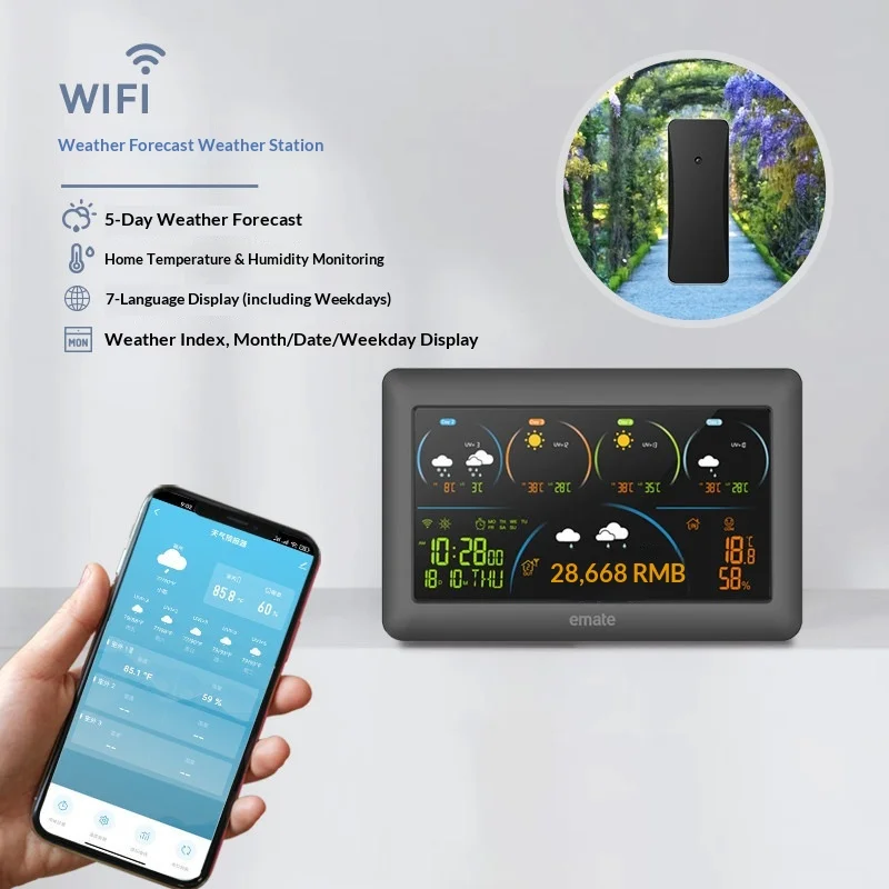 

emate WIFI Weather Station 5-Day Forecast Indoor Outdoor Thermometer Wireless Conn ection Multi-Function Digital Clock