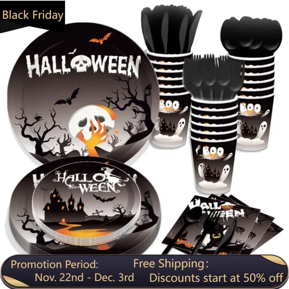 

Halloween Black Paper Plates Disposable Tableware Paper Plates Set Cup Dinnerware Party Cutlery Kits Serves 8 Guests for Plates