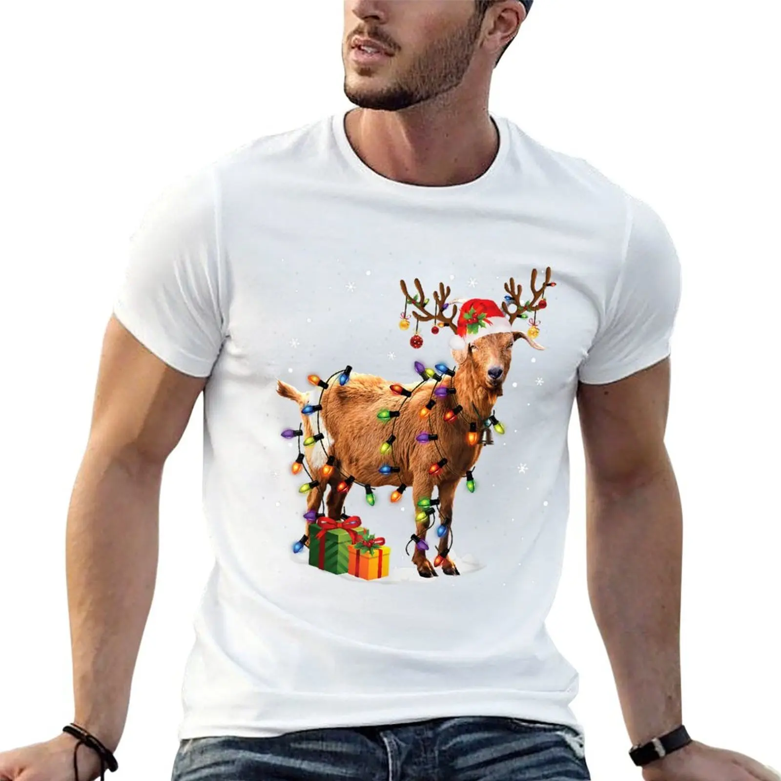 

Goat Christmas Reindeer Santa Hat Fairy Lights Pajama T-Shirt t shirts for man pack white t shirt man plain T-Shirt