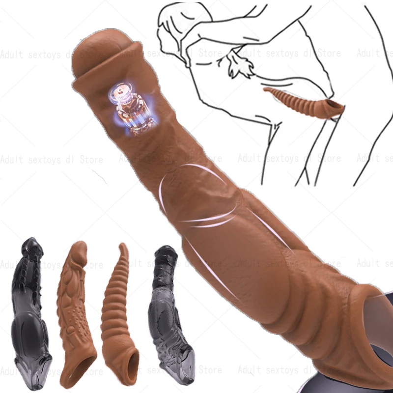 Vibrador de manga extensora de pene reutilizable para adultos, Juguetes sexuales para hombres, condón Bdsm, retraso de eyaculación, ANILLO DE CASTIDAD, jaula, tienda erótica