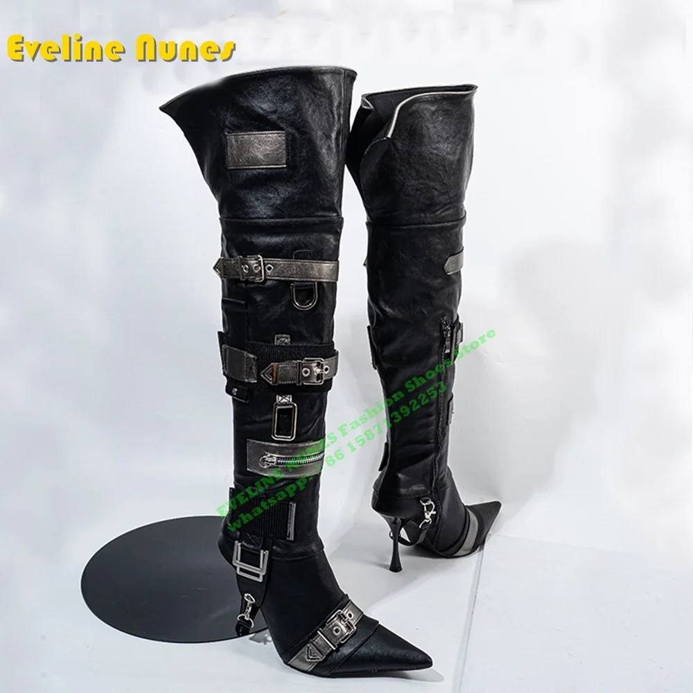 Metal Belt Buckle Punk Knee High Boots Pointed Toe Stiletto Zip Decoration Cyberpunk Style Fashion Booty Retro Spicy Girl Newest