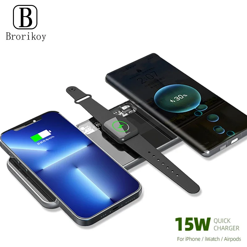 3in1 Dual 15W Magnetic Wireless Charger Aluminum Alloy Glass Panel Fast Charging For iPhone 13 14 15 for Airpods Watch Stand Pad