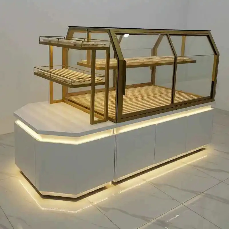 custom.Customized Floor Metal Bakery Display Stand Glass Back LED Lighting Heavy Duty Features Varnished