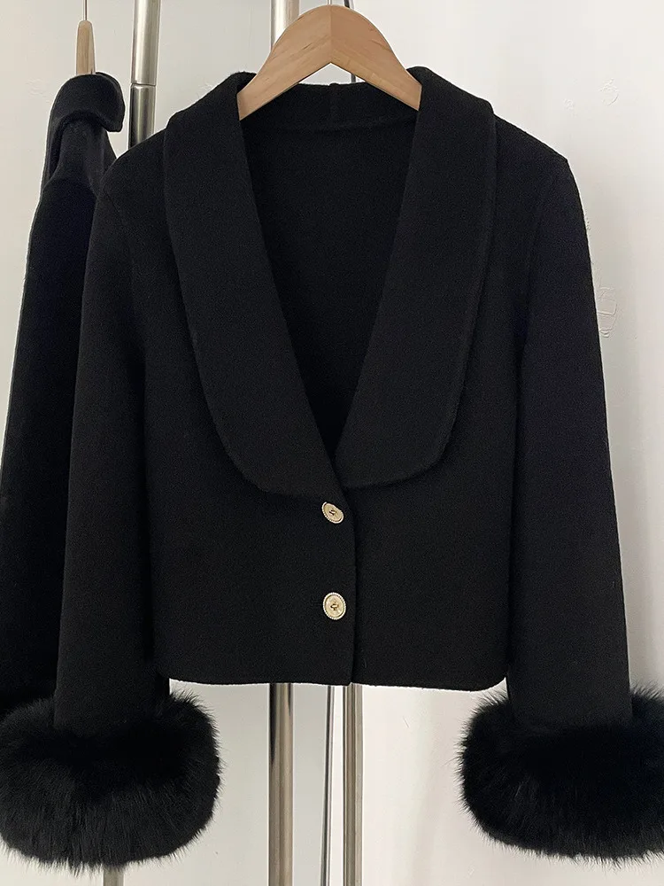 ZMEENNA 여성용 우아한 짧은 울 혼합 재킷 코트 고급스러운 모피 트림 커프스 따뜻한 겨울 아웃웨어 퍼플 ZM4559