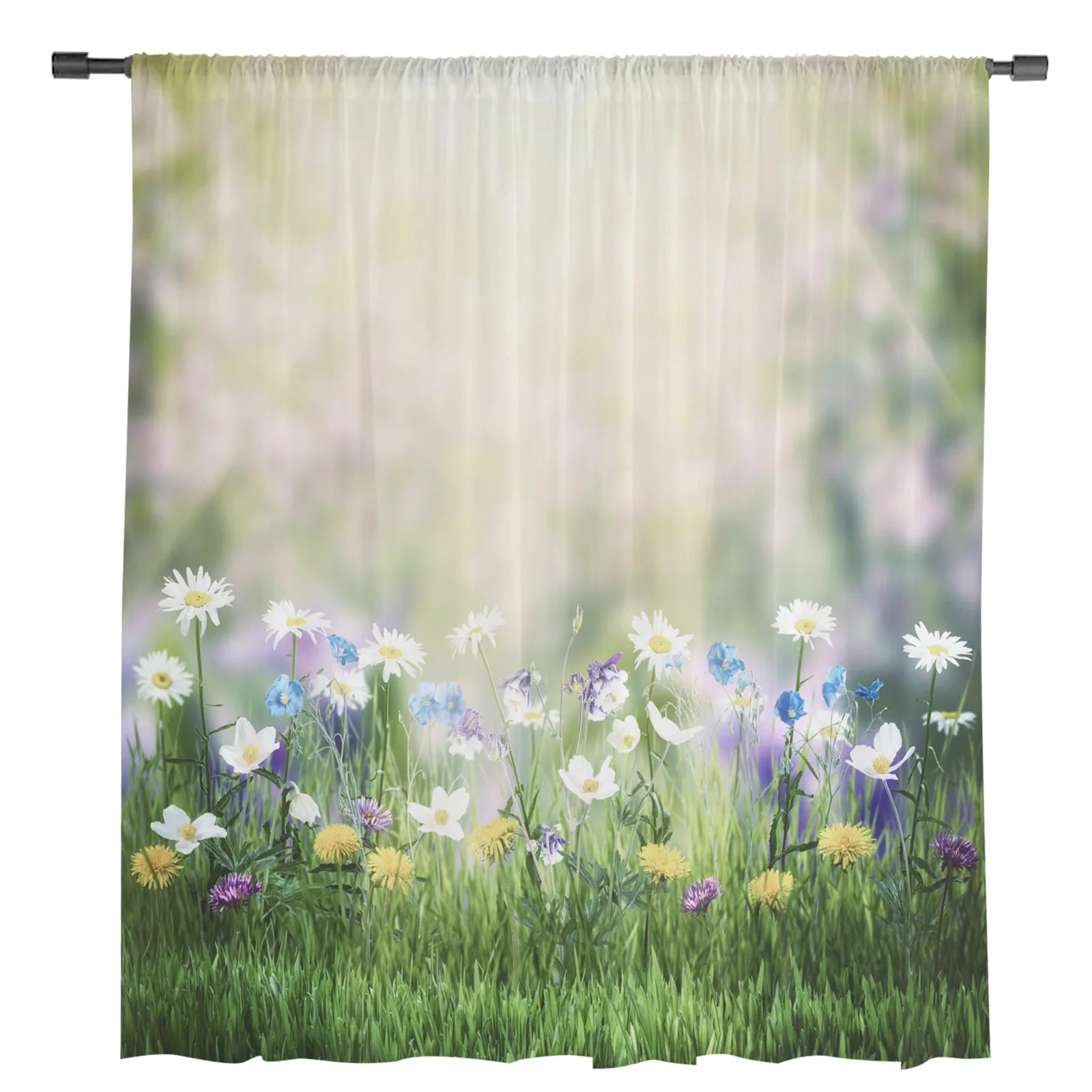 Green Meadow Wildflower Sunlight Sheer Curtains for Living Room Decoration Window Curtains Kitchen Tulle Voile Organza Curtains