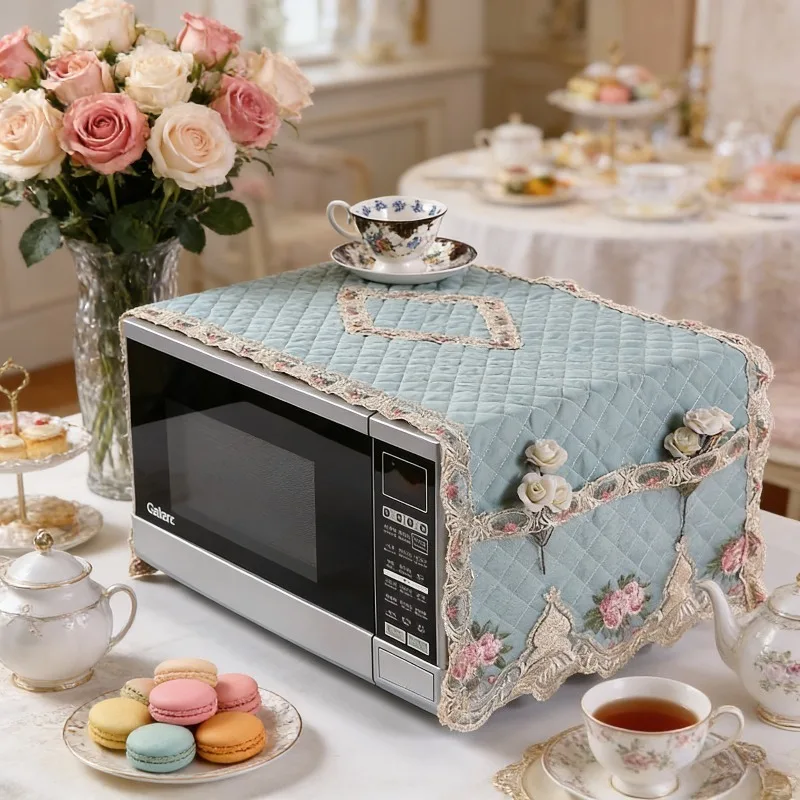 1PC European Style Microwave Oven Cover with Double Pockets Dust Grease Proof Universal Fit for Kitchen Black Pink Decorative