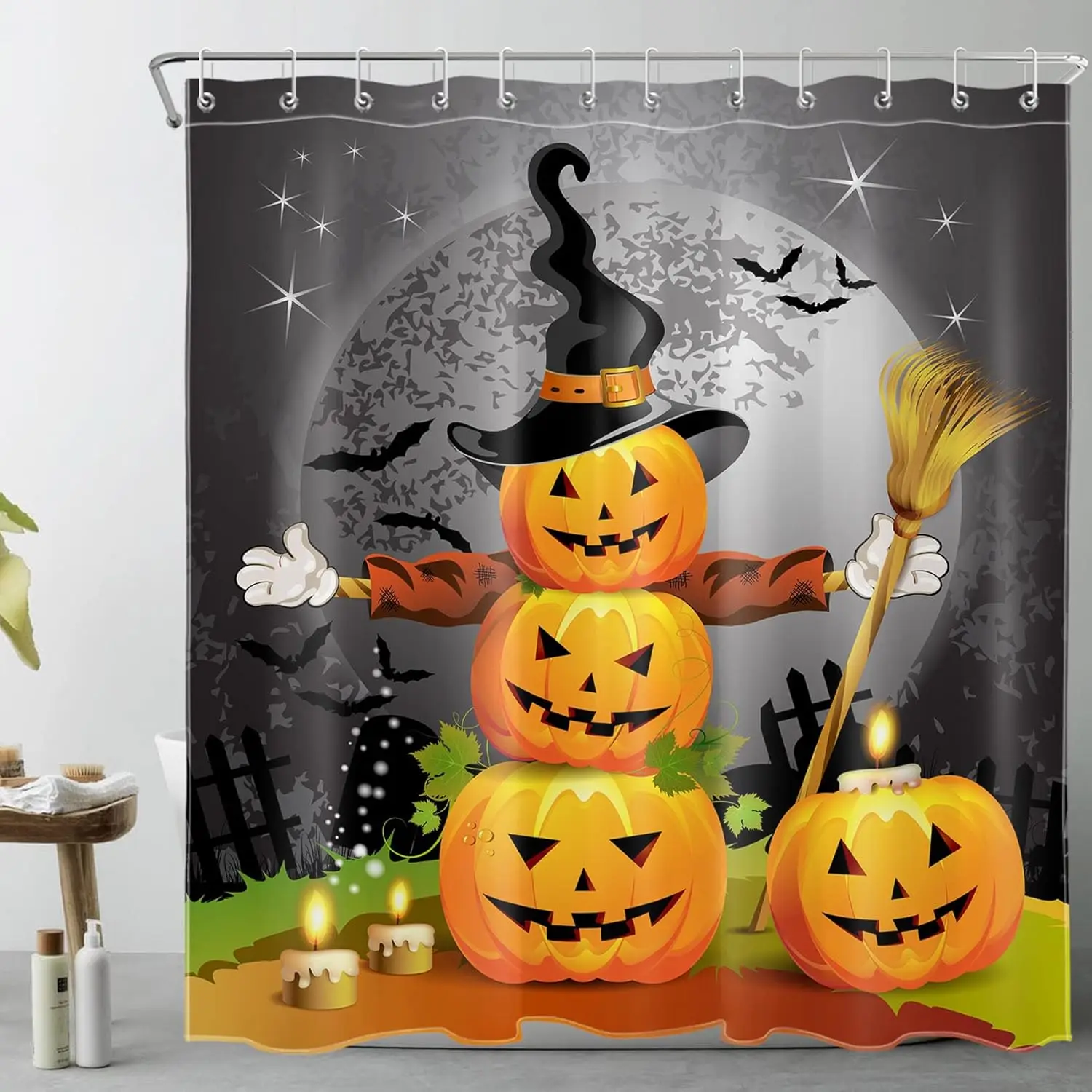 Halloween Pumpkins Shower Curtain Set Magic Hat Ghost Broom Bathroom Curtain Party Decor,Bath Curtain Hooks Include