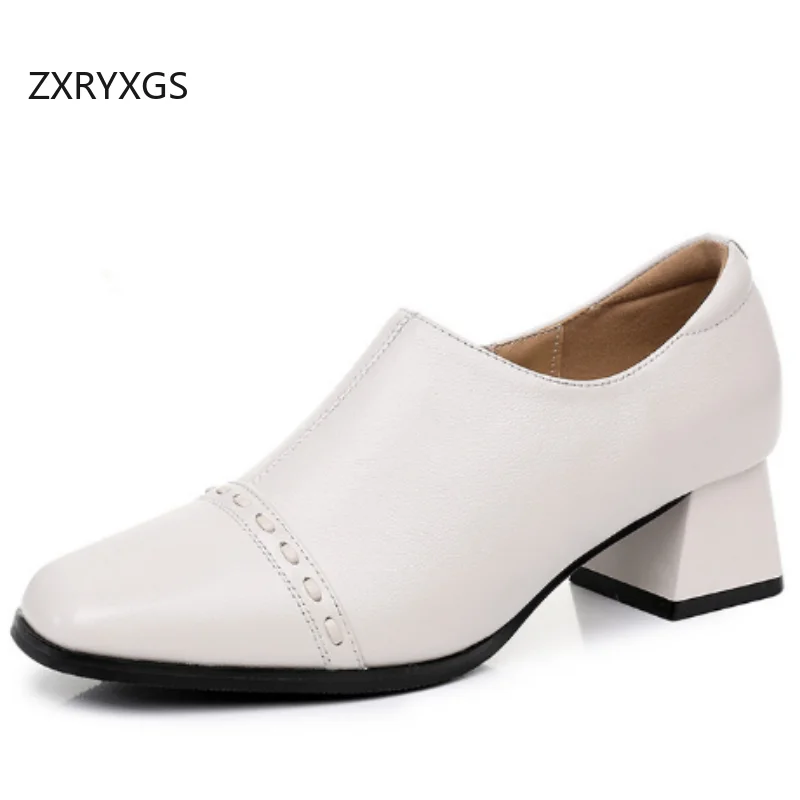 

ZXRYXGS Premium Cowhide Square Toe White Shoes Woman Thick Mid Heels 2025 Autumn Genuine Leather Black Shoes Shoes Size 33-43