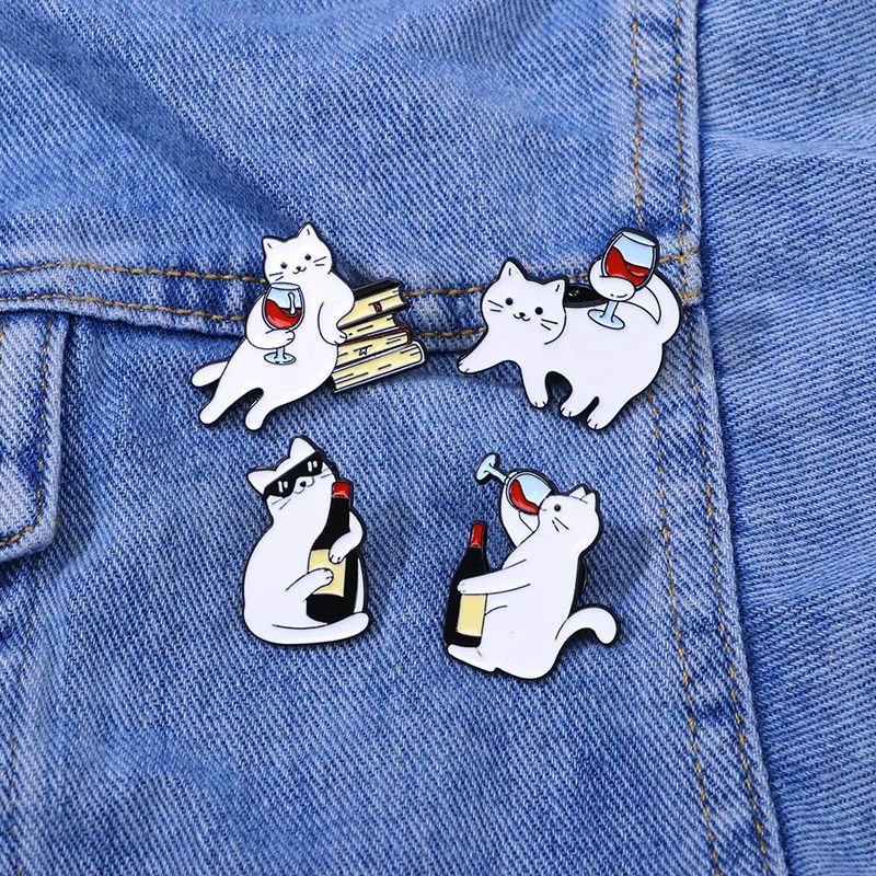 Funny Cartoon Cat Drink Red Wine Enamel Brooch Fashion Cute Kitty Lapel Badge Pins Jewelry Party Gift For Women Girls