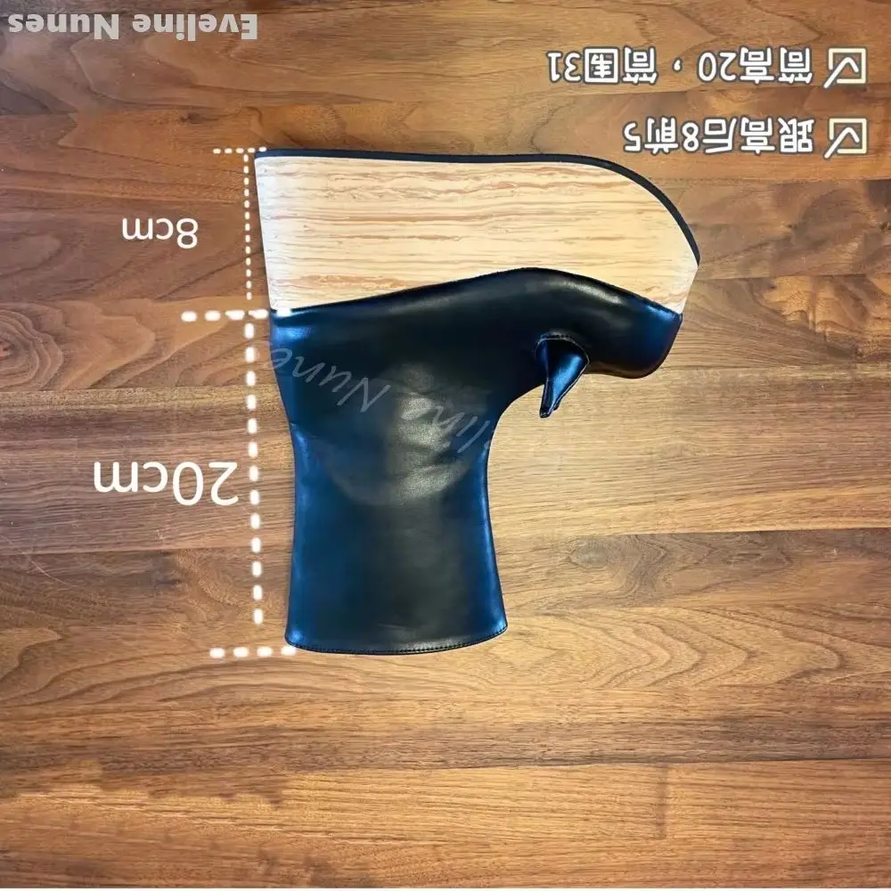 Wooden Wedges Mid Calf Boots Women Cow Horn Round Toe Leather Side Zipper High Top Novelty Catwalk Boots New Punk Modern Boots