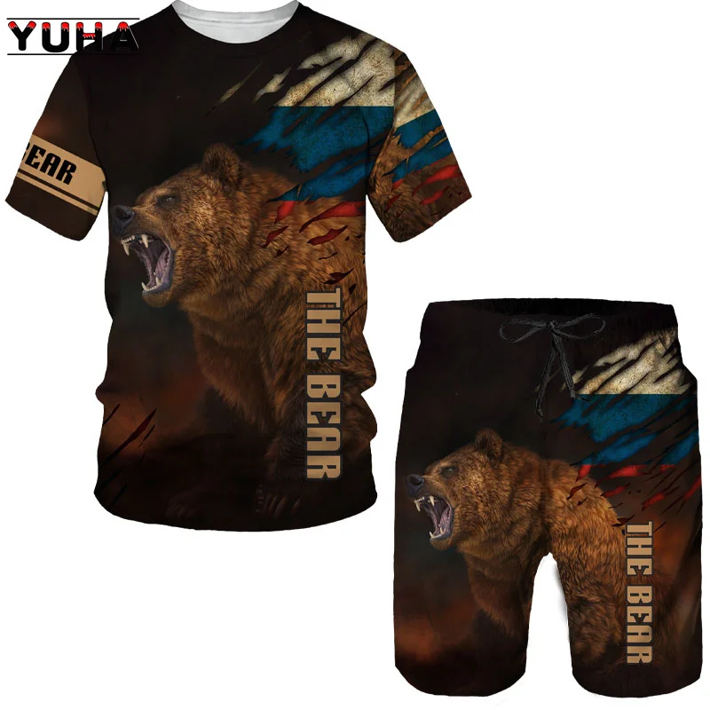 YUHA, Summer  Bear 3D Printed Men\'s T-shirt Shorts Set Men\'s Sportswear Tracksuit O Neck Short Sleeve Men\'s Clothing Suit