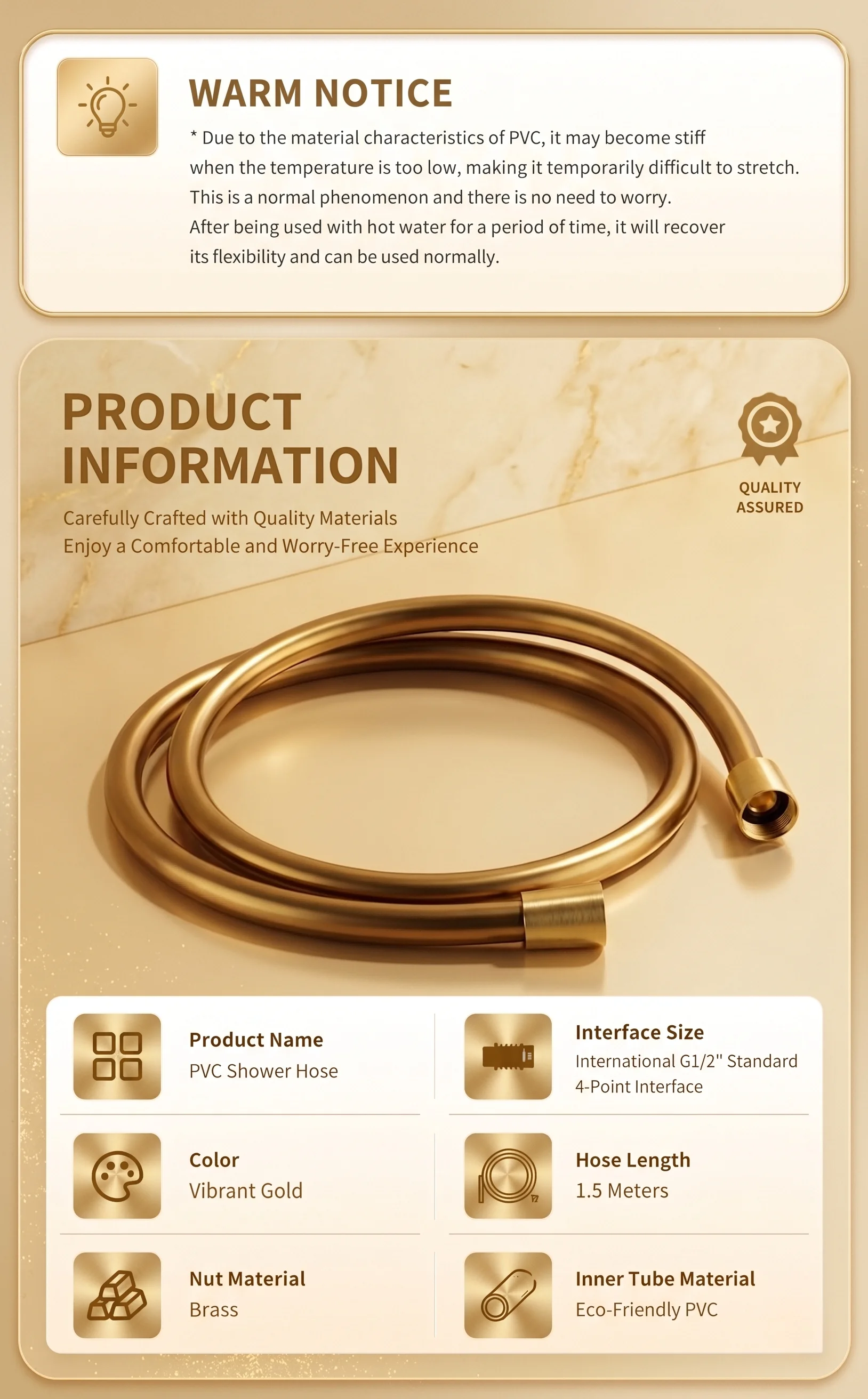 Sunset Gold PVC Shower Hose 1.5M G1/2 360° Anti Tangle Flexible High Pressure Bath Pipe