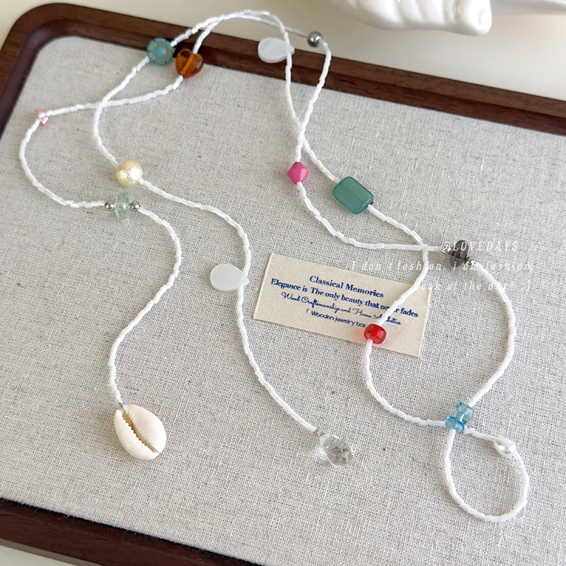 Beaded Shell Necklace Waist Chain for Women Summer Beach Vacation Convertible Choker Collarbone Jewelry Colorful Boho Trendy