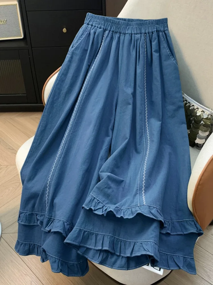 Design Sensation Casual High Waist Draped Slimming Wide Leg Nine Points Skirt Pants Women's Summer Floral Lace Workwear