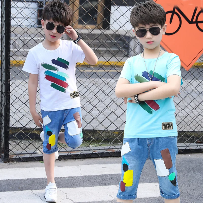 

2022 summer kid Boy clothes tracksuit graffiti Child Short sleeve T shirt + shorts Capri pants 4 5 6 7 8 9 10 11 12 13 14 Years