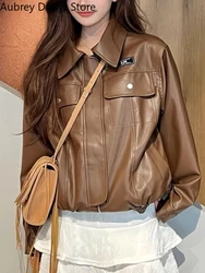 Winter Punk Brown Leather Jacket Women Outerwear Moto Biker Zipper Leather Jacket Casual High Street Vintage Leather Coat 2023