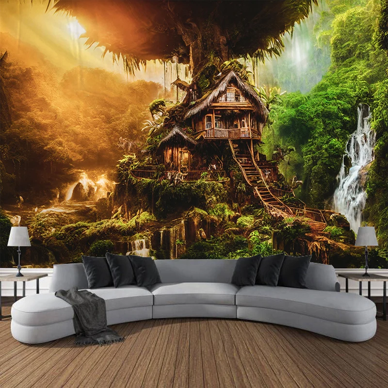 Dream Forest Cabin River Landscape Tapestry Art Blanket Curtain Hanging Home, Living Room, Bedroom, Home Decoration Fabric