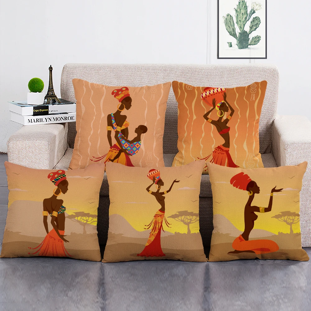 

African Women Printed Pillow Case in Tribal Style Portrait Cushion Cover for Living Room Sofa Decor Home Use