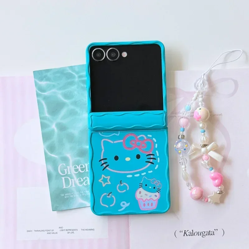 Cute Cartoon Foundation Wave Hello Kitty Phone Case for Samsung Galaxy Z Flip 8 7 6 5 Shockproof with Lanyard