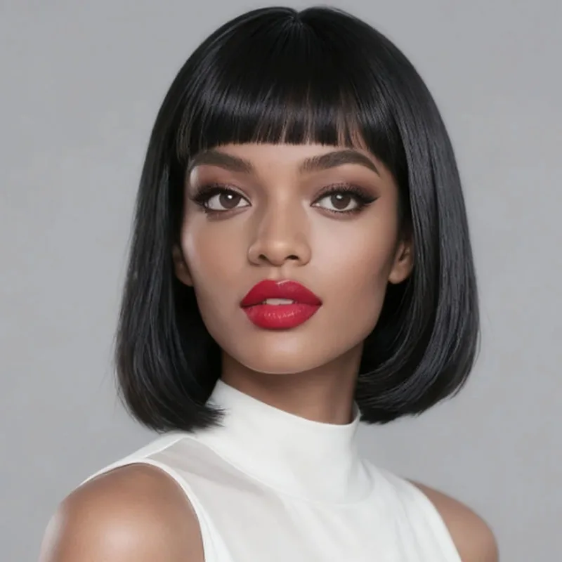 شعر مستعار صناعي أسود مقاس 12 بوصة مع غرة، مناسب للعب الأدوار على الطراز الأساسي للهالوين