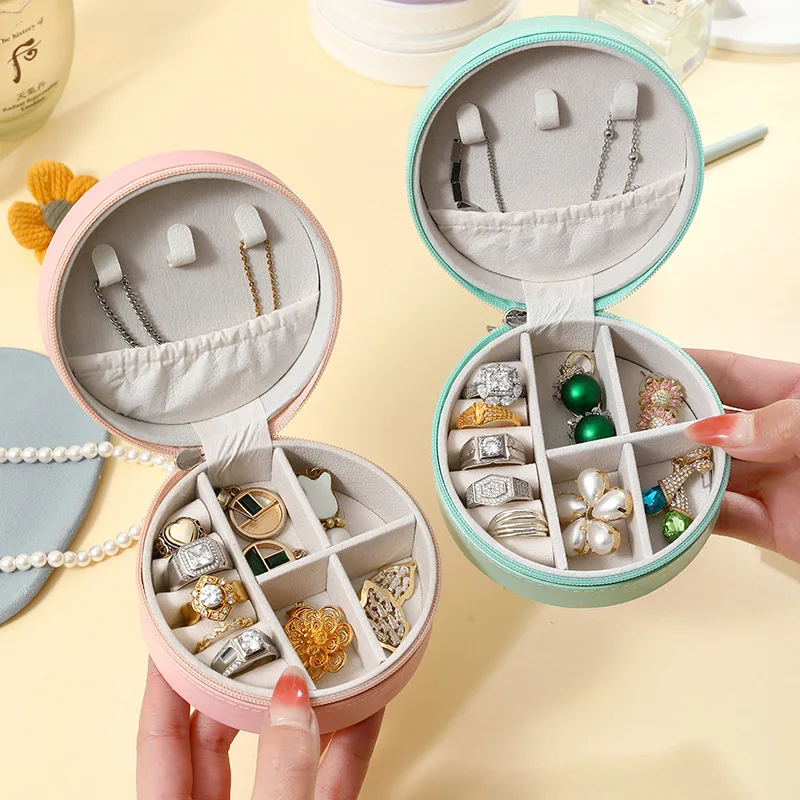 High-end round jewelry box Creative portable jewelry storage box Earrings ring box Jewelry storage box