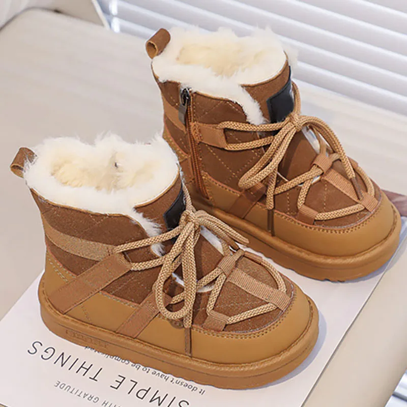 Winter Snow Boots For Little Boys PU Leather Thick Warm Cotton Shoes Anti-slippery Toddler Plush Boots Casual Faux Fur Shoes